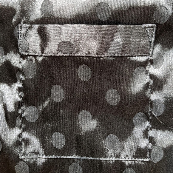 Silky Satin Black Polka Dot Short Sleeve Button Up and Shorts Set with Lace Trim - Picture 7 of 8